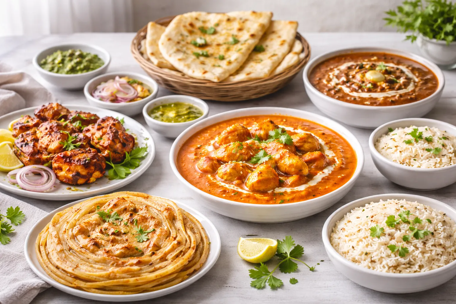 Indian curry, garlic naan and saffron rice platter at Indian Tales, an Indian restaurant in Northeast Calgary, AB