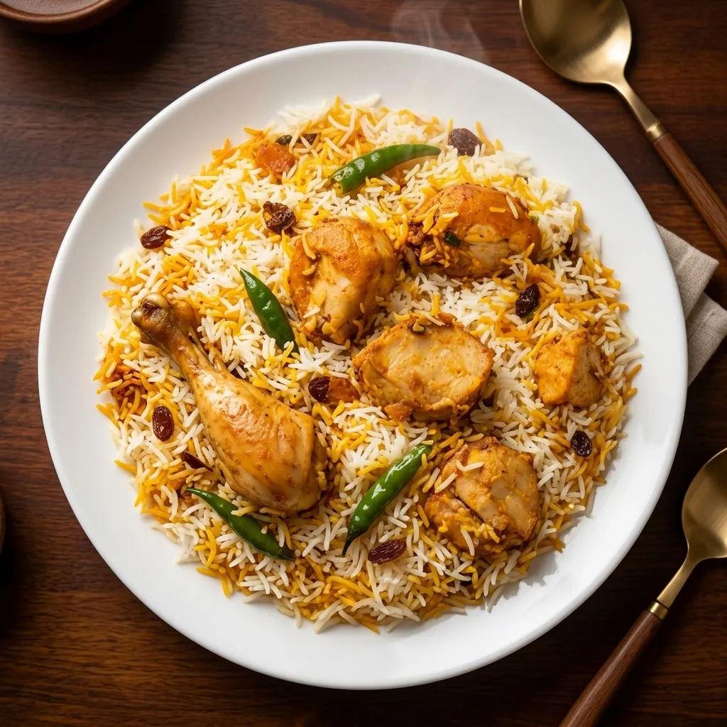 Chicken biryani with fragrant basmati rice and crisp fried onions at Indian Tales in Westwinds Calgary