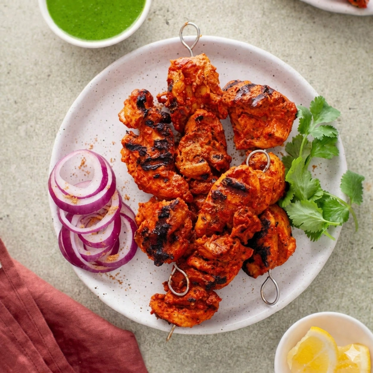Chicken tikka pieces glazed in tandoori masala with fresh salad at Indian Tales, Indian restaurant in Calgary NE