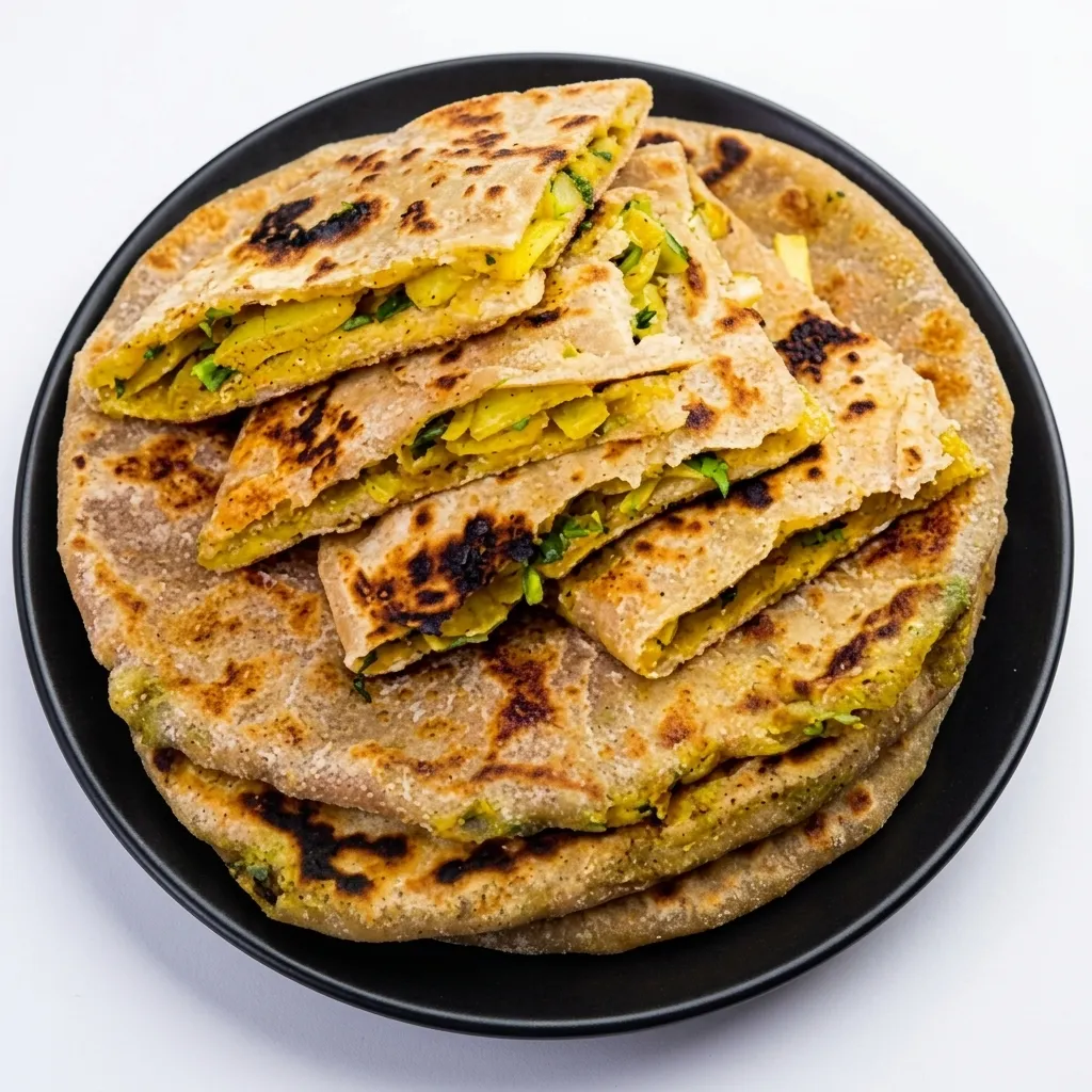 Stuffed paratha served with dal, chana masala and curries at Indian Tales, Indian restaurant in Westwinds Calgary