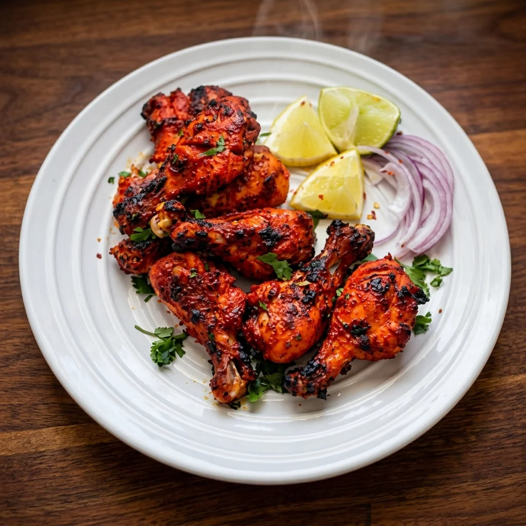 Tandoori roasted chicken cooked over charcoal at Indian Tales in NE Calgary
